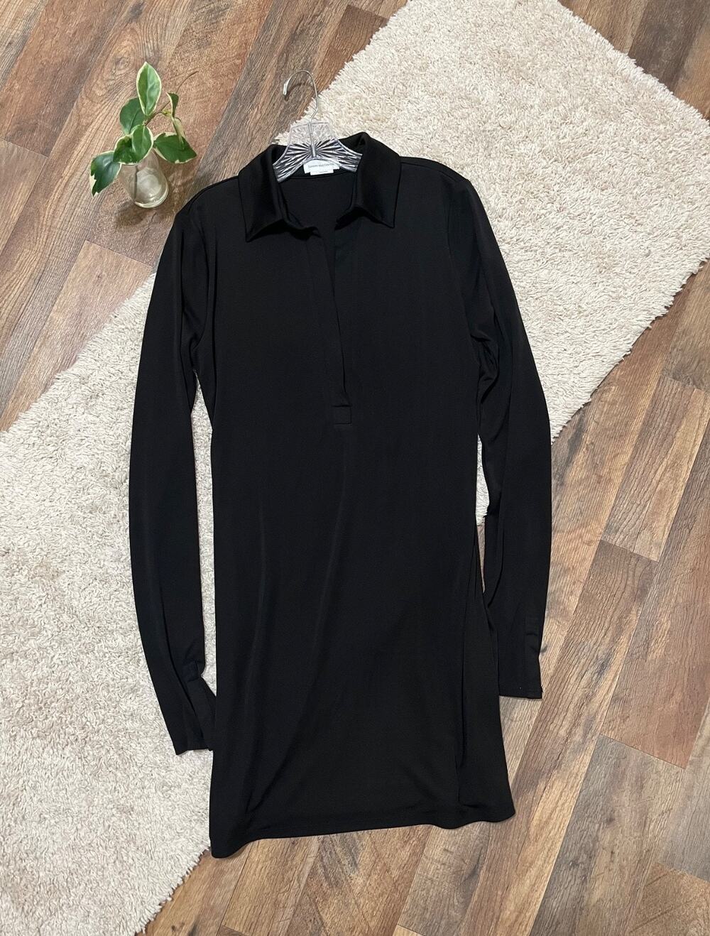 Lovers and Friends Large Black Split Neckline Long Sleeve James Mini Shirt Dress